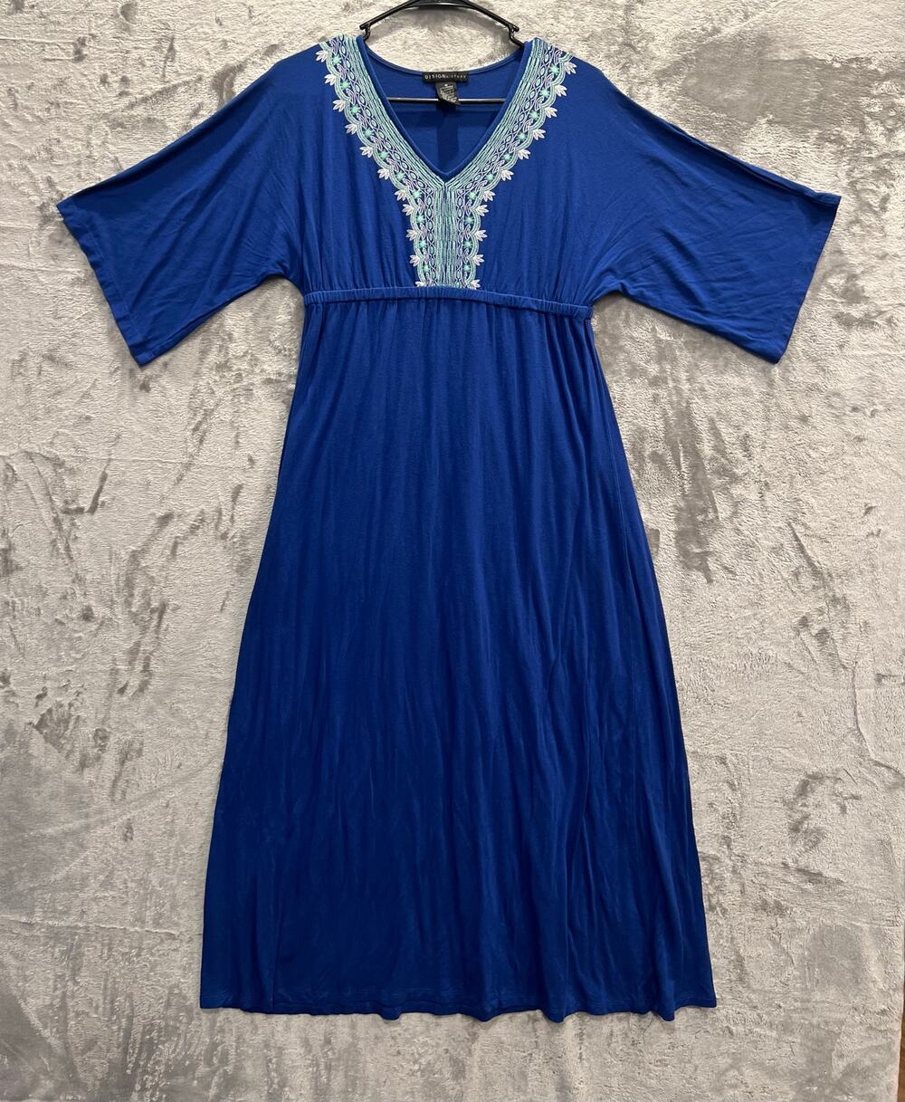 Maxi Dress Embroidered Neckline Empire Waist Size Medium Royal Blue Summer